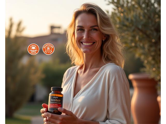 Donna sorridente che regge un integratore naturale, sullo sfondo sfocato di un giardino mediterraneo, con etichette 'Community Approved' e 'Expert Tested'.