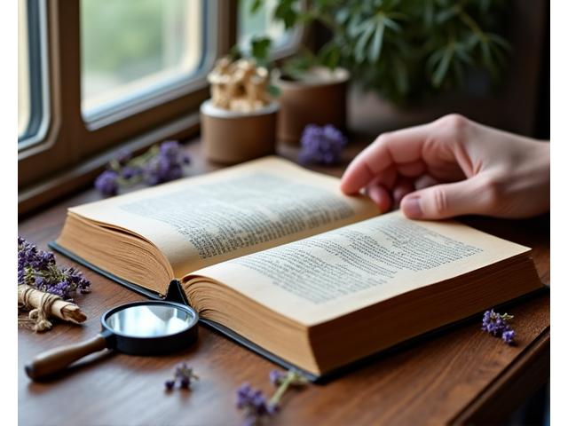 Una mano che sfoglia un libro antico su un tavolo di legno illuminato dalla luce naturale, con una lente d'ingrandimento e erbe secche, simboleggiando saggezza e ricerca.
