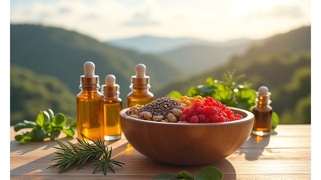 Ciotola di superfood e integratori su un tavolo di legno chiaro con erbe aromatiche e vista su un paesaggio mediterraneo.